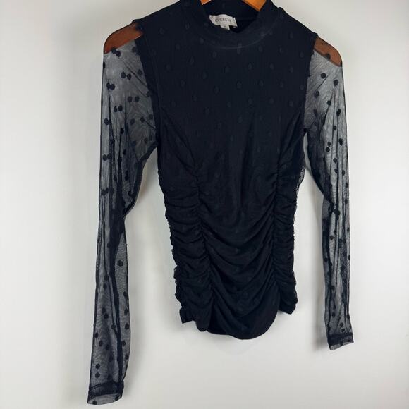 Evereve Sheer Black Ruched Top with Polka Dot Detail ~ XS - Picture 3 of 12